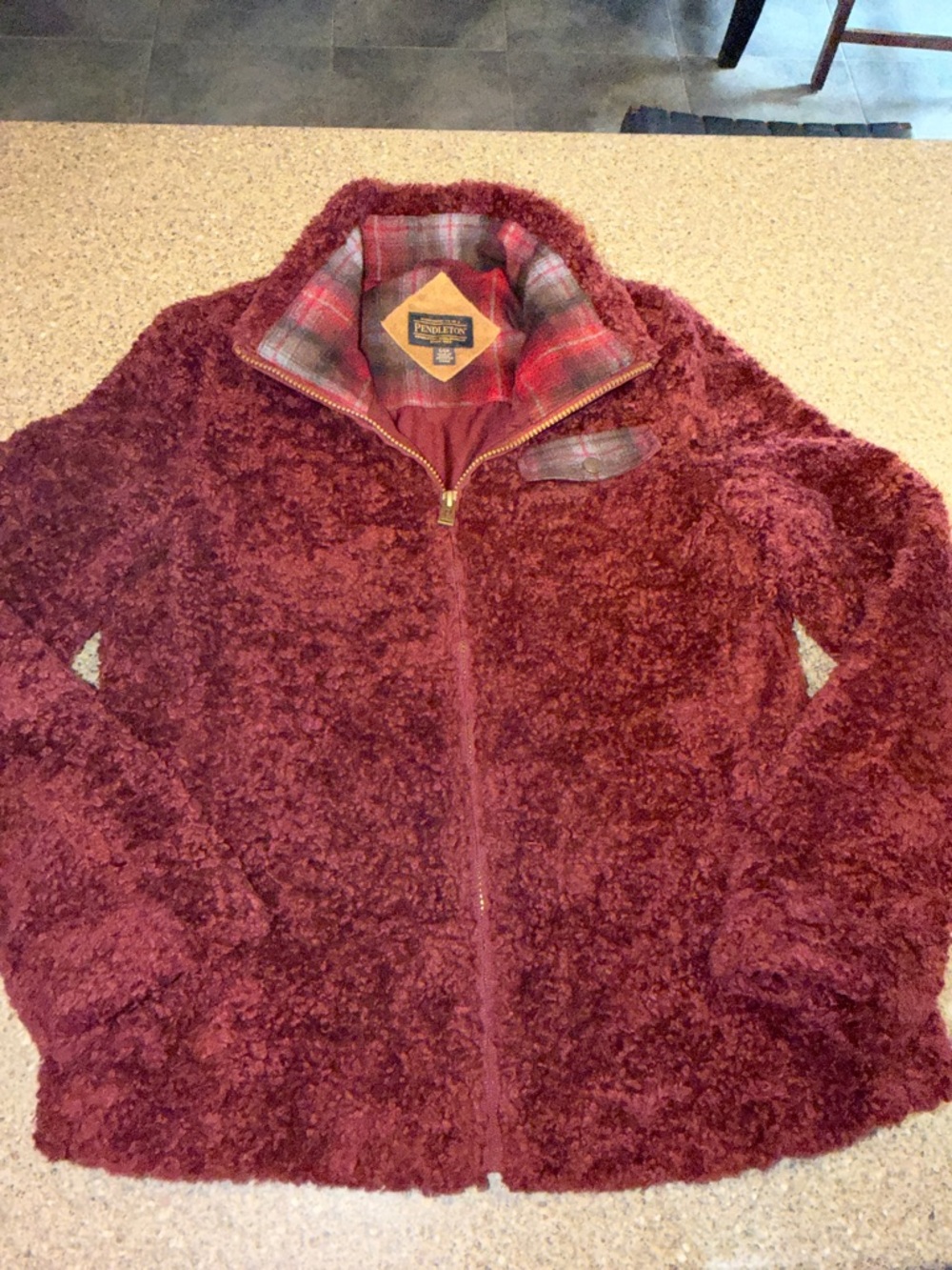 Pendleton Plush Wool Zip Jacket in Burgundy with Plaid Collar